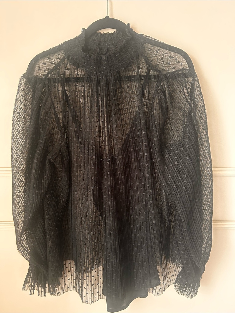 1. State Black Sheer Ruffle-Neck Dot-Textured Blouse
